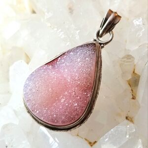 Pink Druzy Quartz Teardrop Pendant Solid .925 Sterling Silver